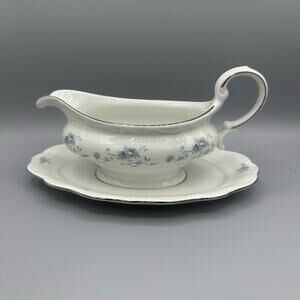 Vintage Johann Haviland Blue Garland Gravy Boat with Detatched Underplate 9.75"